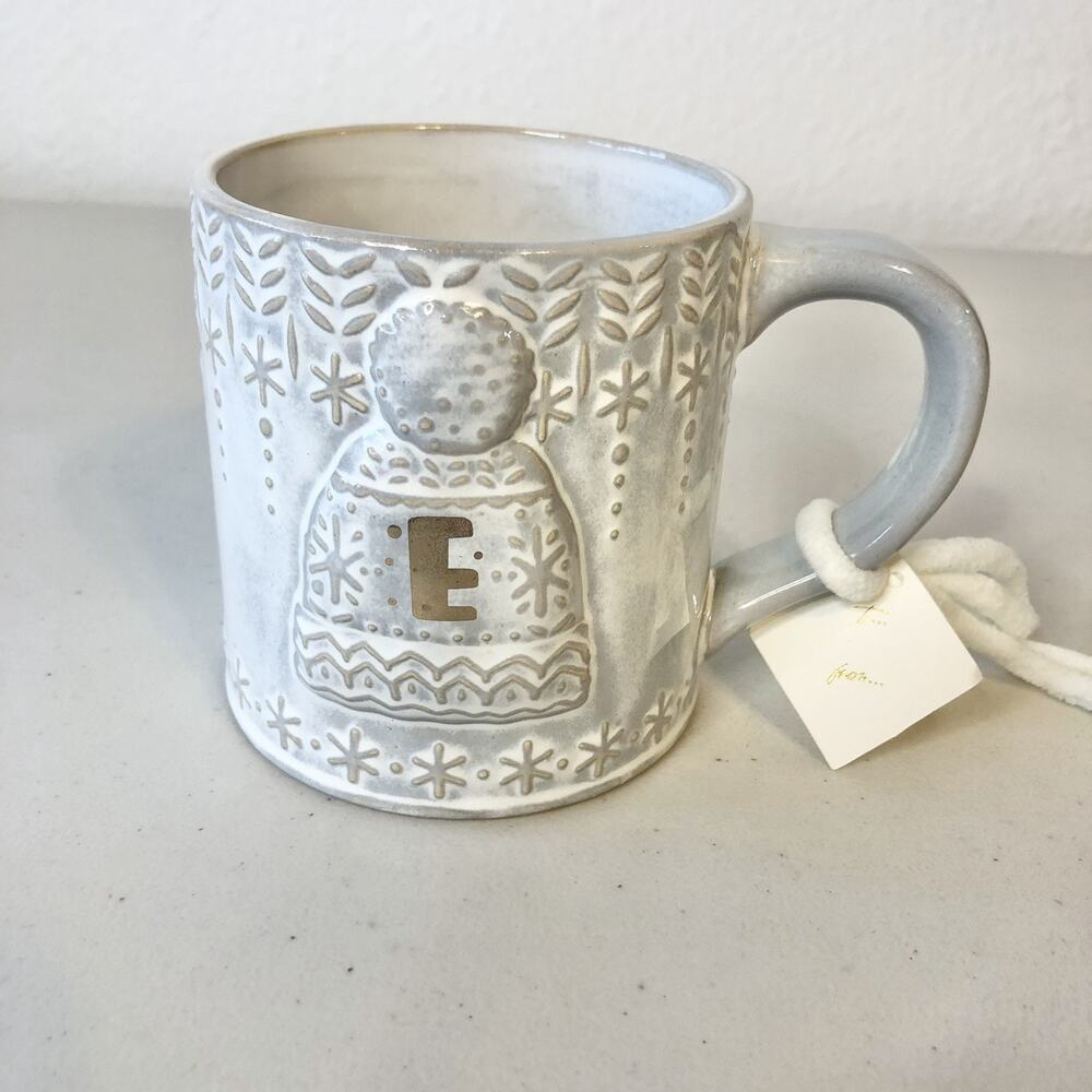 Anthropologie Snowcap Reactive Glaze Monogram "E" White Gray Winter Coffee Mug